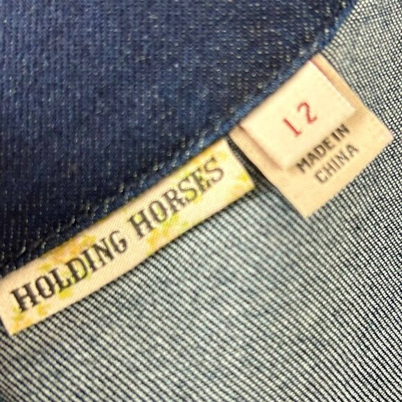 Holding Horses Anthropologie Denim Ribbon Dress Women 12 Blue Stretch Boho - Picture 13 of 13